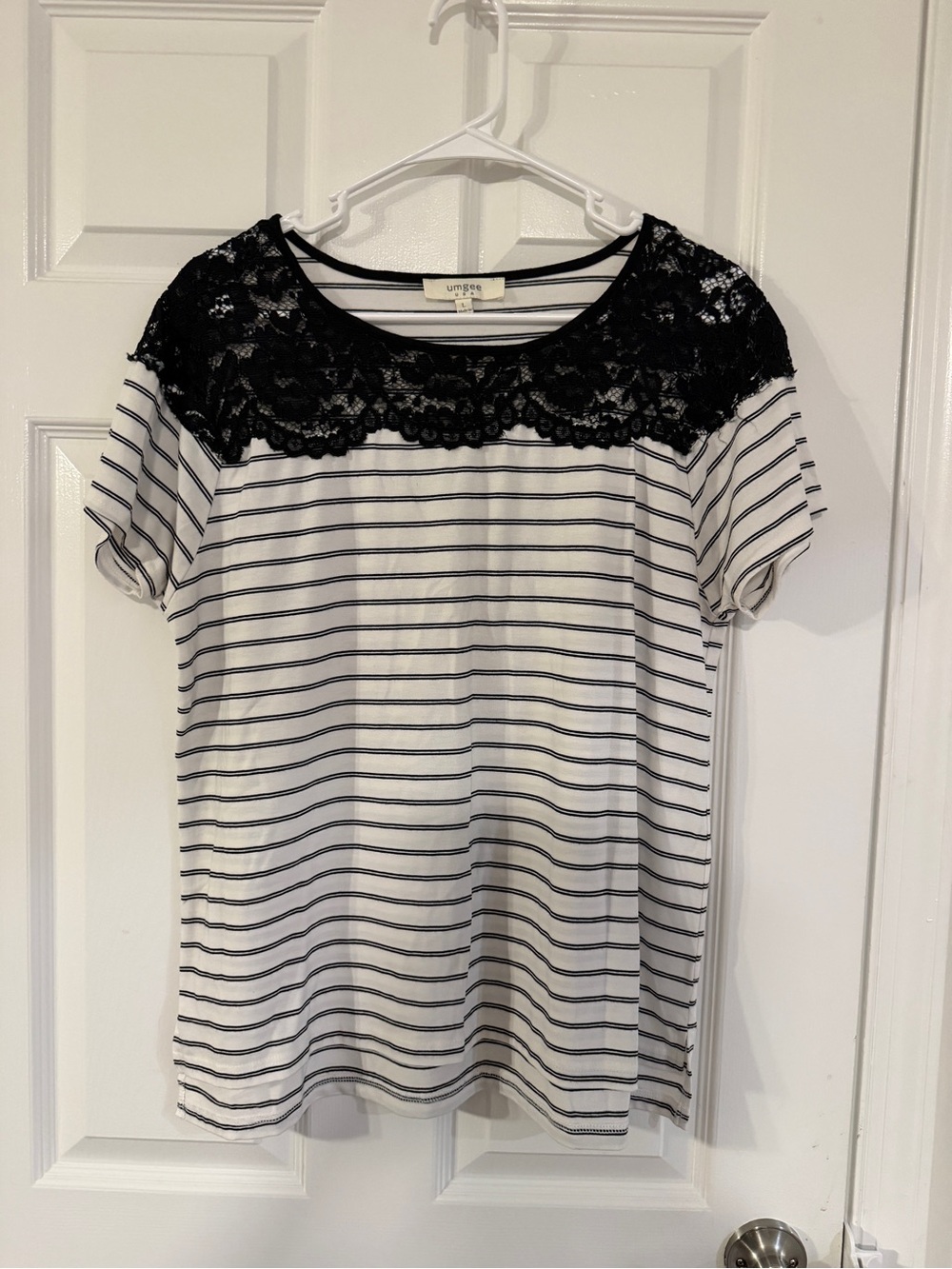 Umgee White and Black Striped Short Sleeve Top with Black Lace Yoke